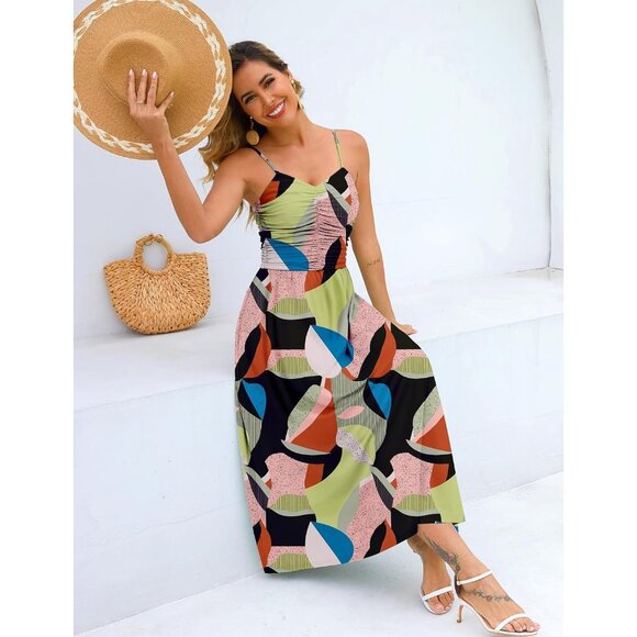 Women's Multi Color Floral Adjustable Spaghetti Strap Floral Beach Long Maxi - Picture 4 of 6